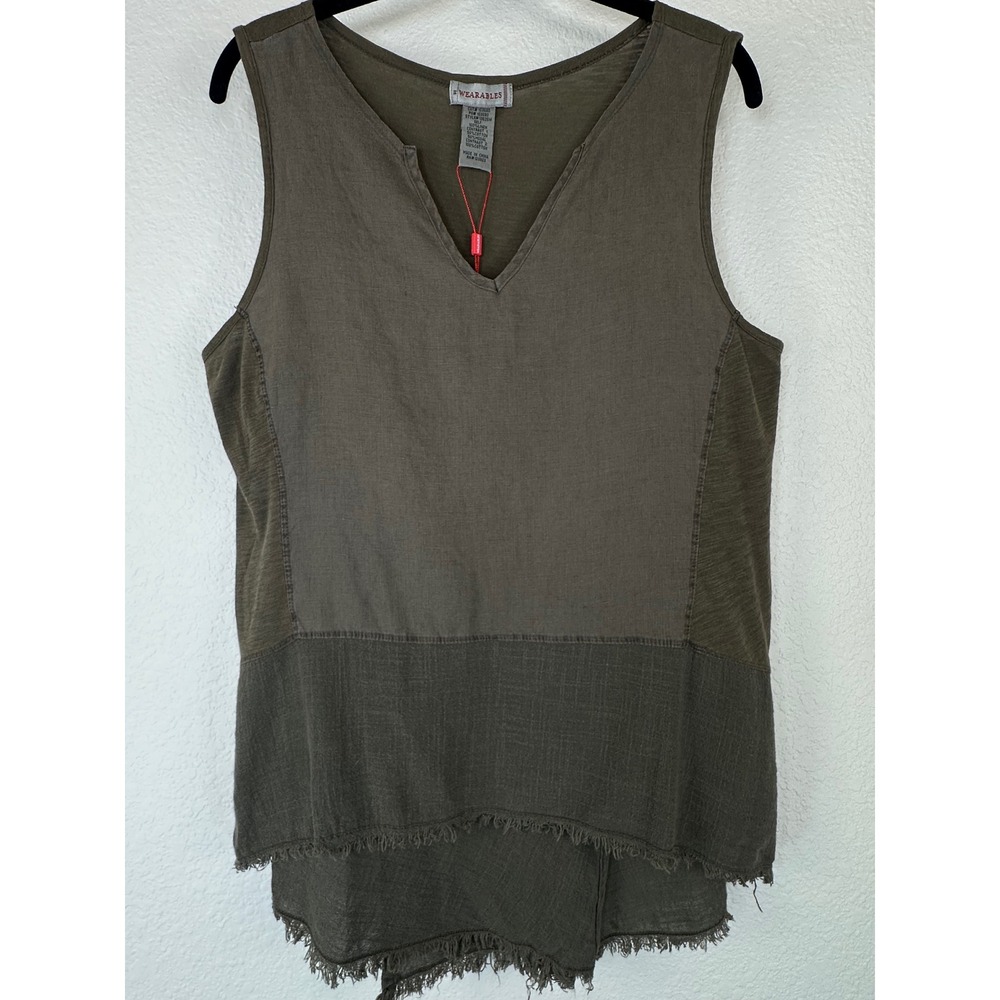 Wearables Linen Blend Raw Hem Layered Tank Top Olive Green Boho Artsy Lagenlook